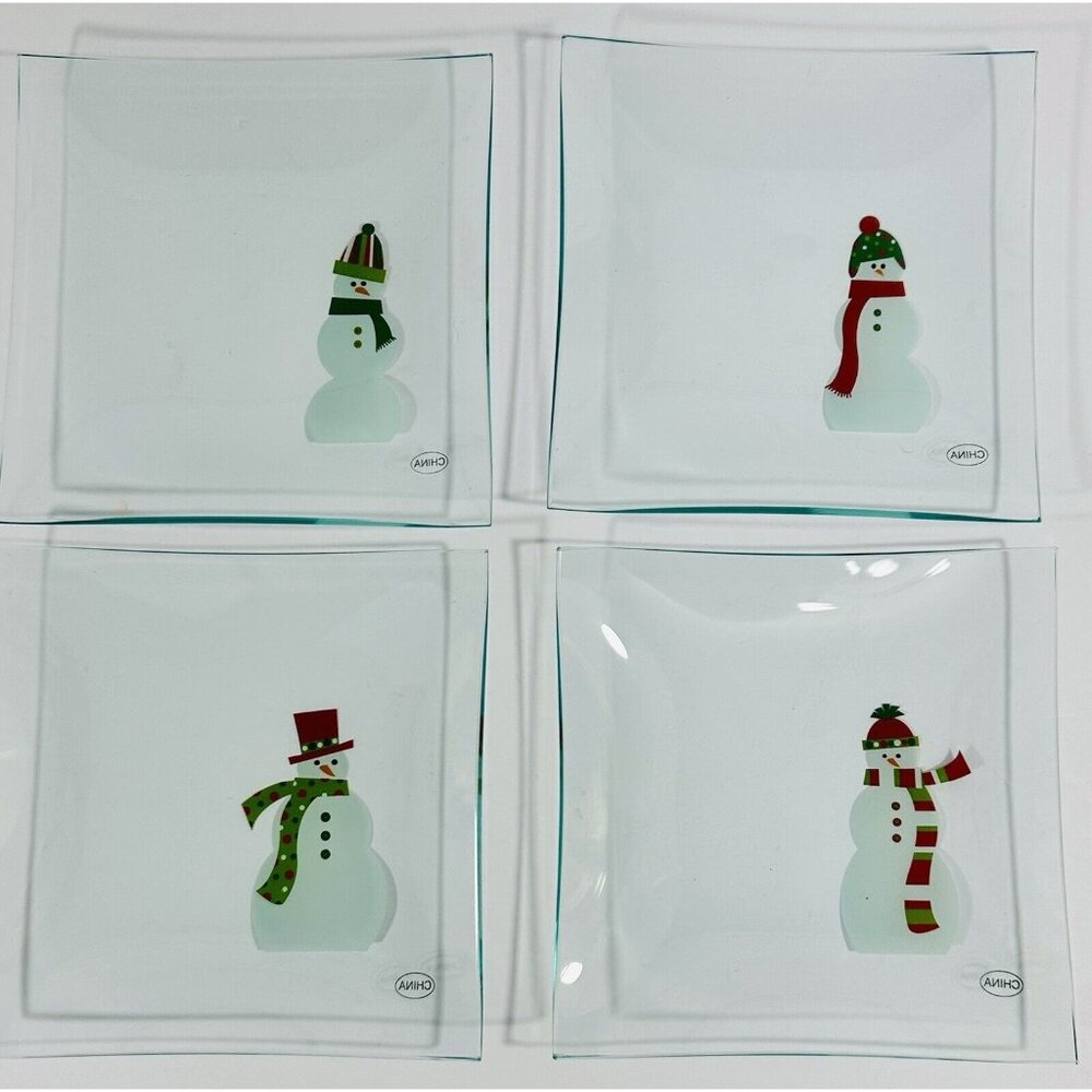 Pampered Chef Snowman Appetizer Plates 6” Square Clear Glass Snowmen Christmas